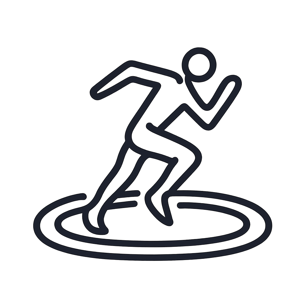 A graphic of a stick figure 'running stick figure idea' is shown in navy blue on a black background.