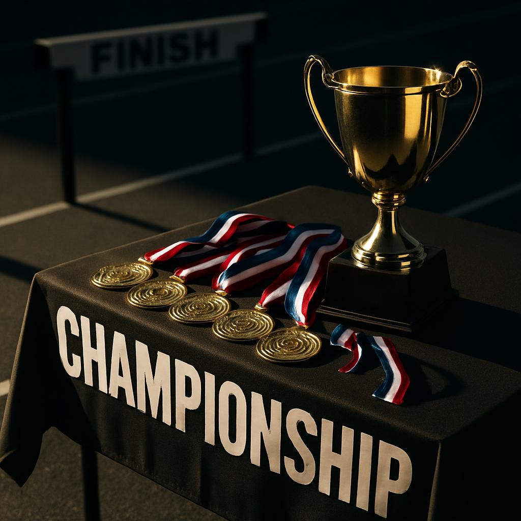 A large gold trophy sitting on a table with several gold medals next to it; a gray banner that reads 'Championship' is dra...