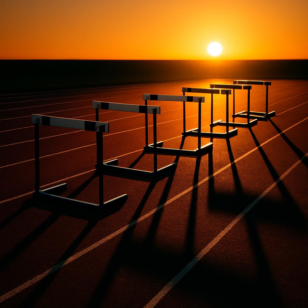 A line of sports hurdles on a racetrack at sunrise or sunset, with the sun low on the horizon.