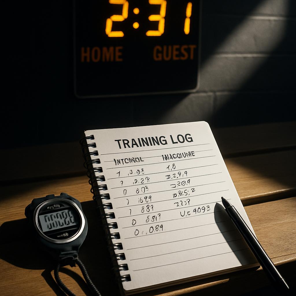 A notebook with a training log sits on a wooden table, accompanied by a stopwatch and a pen. The background features a dig...