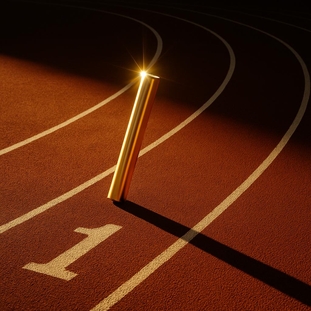 A gold torch standing at the starting line of a track, olympics-inspired digital art